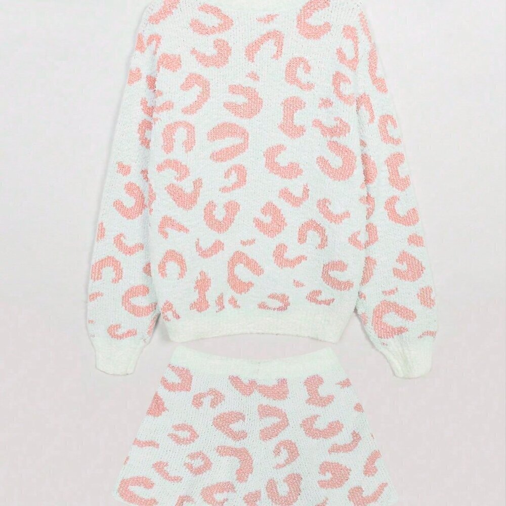 Pink Casual Womens Leopard Print Drop Shoulder Sweater & Drawstring Waist Shorts - Picture 2 of 5